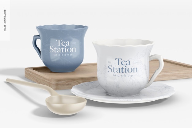 PSD tea cups and plate mockup on surface