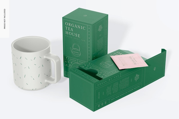 PSD tea dispenser box mockup, standing and dropped