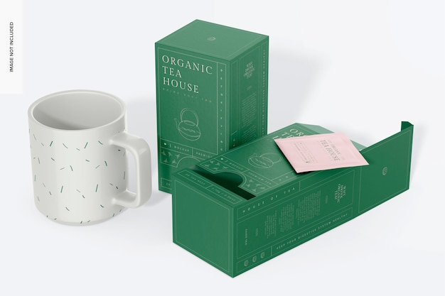 Tea dispenser box mockup, standing and dropped