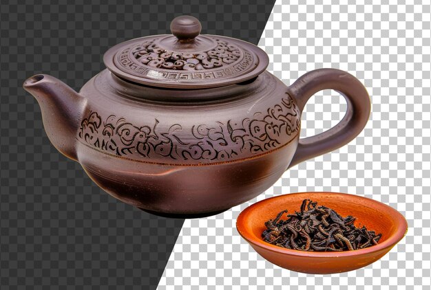 A tea pot with a lid sits on a table next to a small bowl of tea stock png