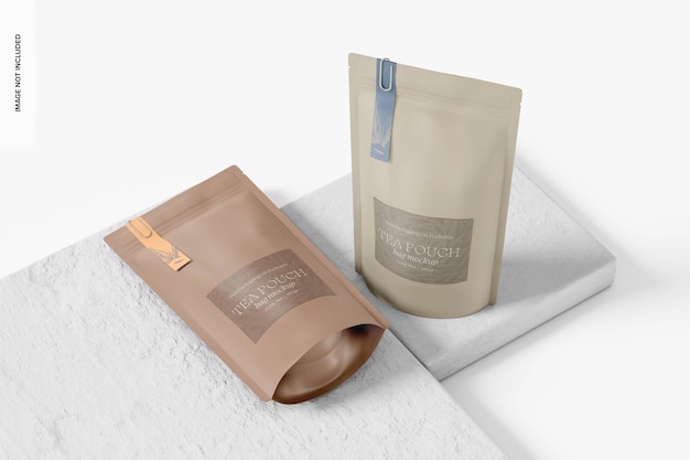 PSD tea pouch bags mockup, standing and dropped