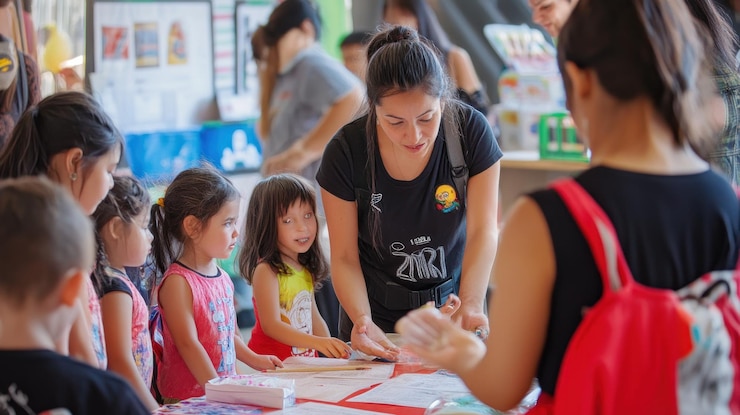 PSD teacher assisting diverse group of preschool children with craft activity