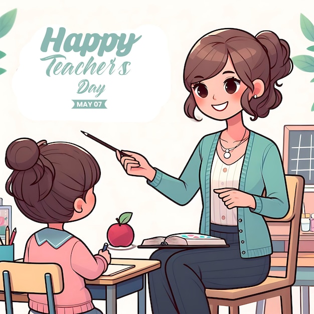 PSD a teacher and a child sitting at a table and social media post design for happy teachers day