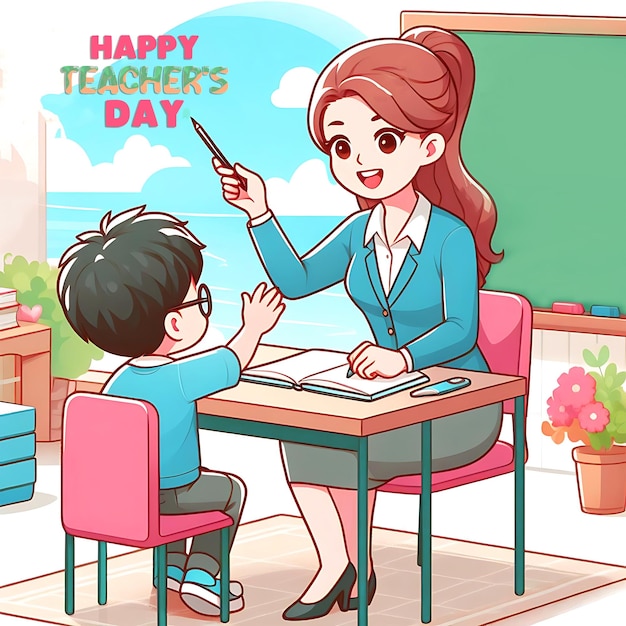 PSD a teacher and a child sitting at a table and social media post design for happy teachers day