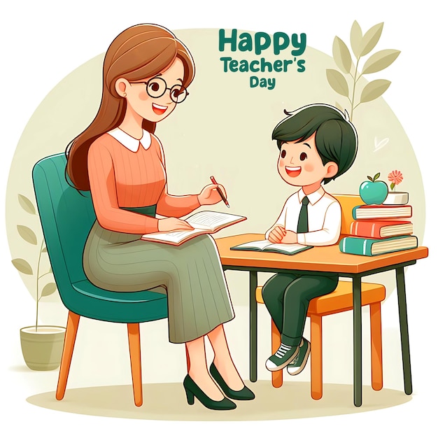 a teacher and a child sitting at a table and social media post design for happy teachers day