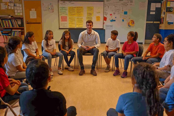 PSD teacher leading circle discussion with diverse elementary students