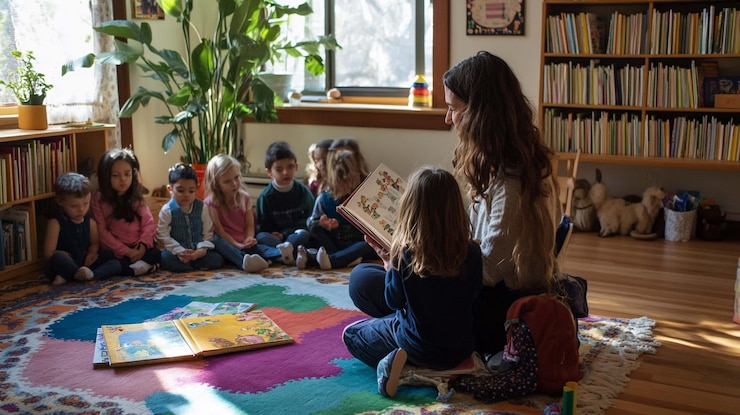 PSD учитель читает книгу группе детей дошкольного возраста, сидящих на красочном ковре в классе