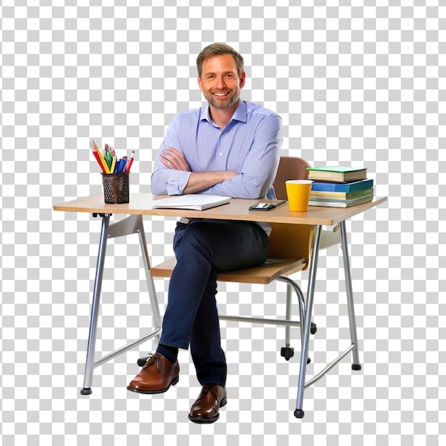 PSD a teacher sitting at a desk with books and a cup of coffee teachers day on transparent