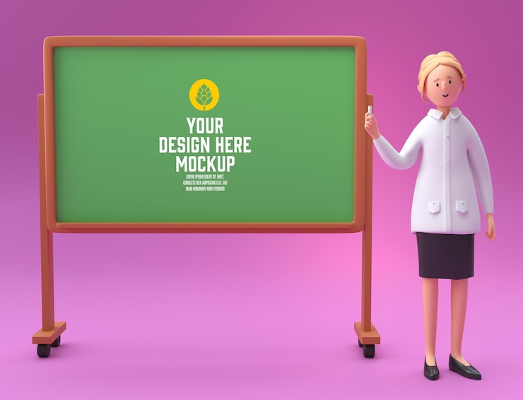 PSD teacher with blackboard mockup