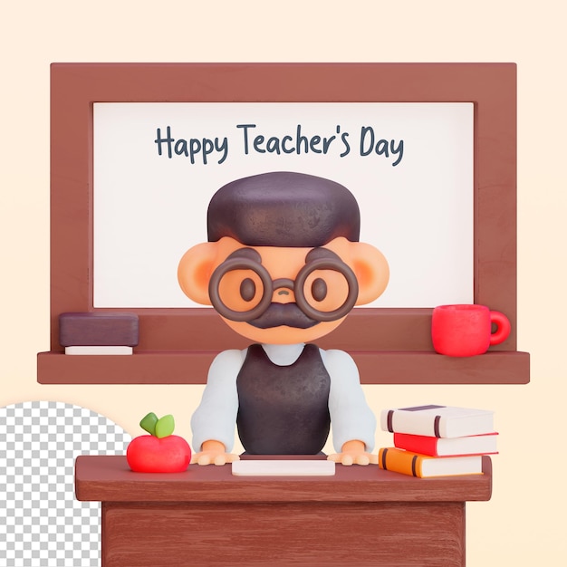 A teacher with a chalkboard that says happy teacher's day.