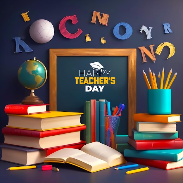 Teachers day concept with realistic background back to school on block chalkboard and pile of books