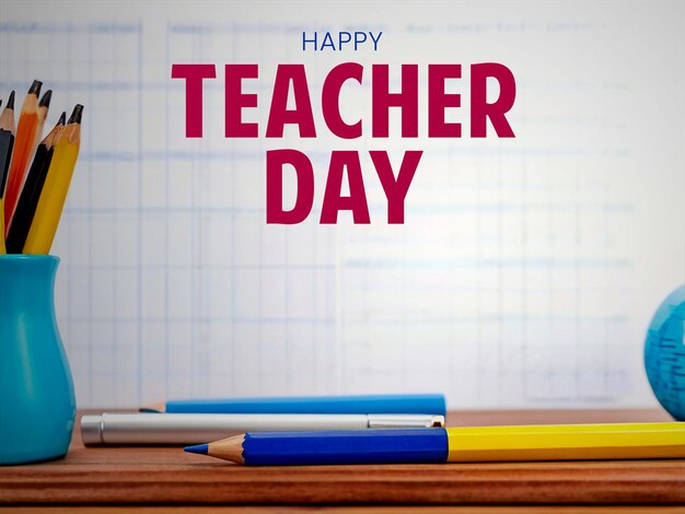 PSD teachers day poster with pencil book and ballpoint background on the edge of the whiteboard