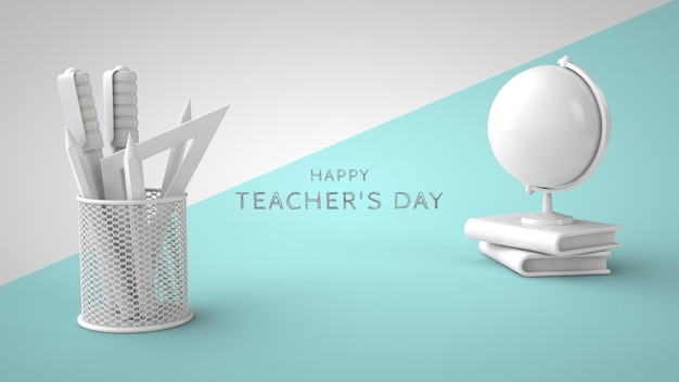 Teachers Day PSD greeting card template Stationery book globe and place for your text 3d render