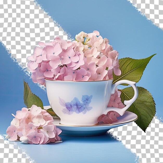 PSD teacup and hydrangea transparent background