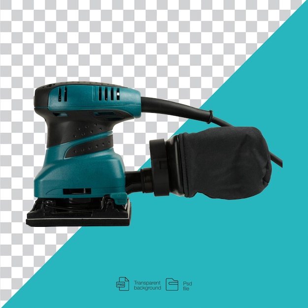teal and black orbital sander tool on a transparent background