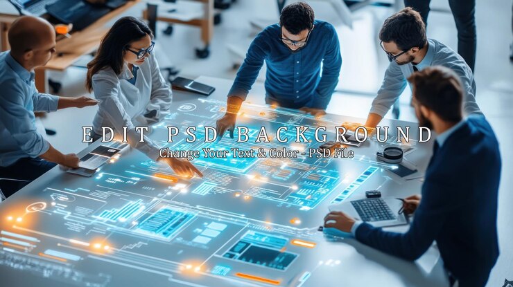 PSD team of business professionals collaborating on a holographic screen