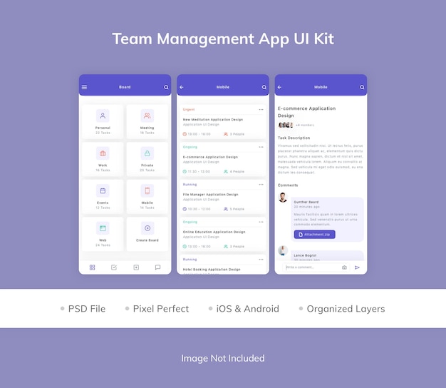 PSD team management app ui kit