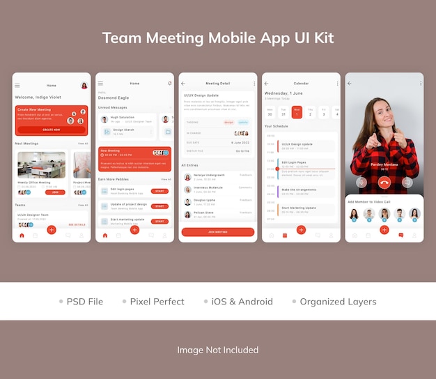 PSD kit dell'interfaccia utente dell'app mobile per riunioni del team