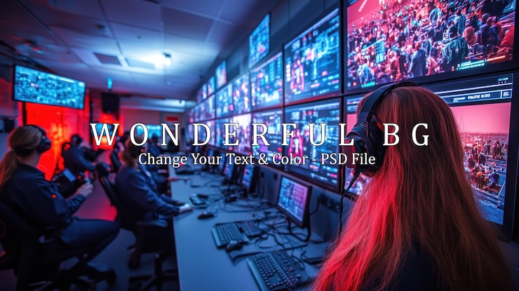 PSD a team of people working in a control room monitoring multiple screens with different footage