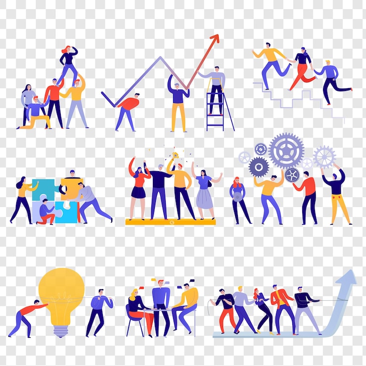 PSD teamwerk iconen platte kleurrijke set met mensen die proberen om doelen te bereiken samen geïsoleerd op transparantie