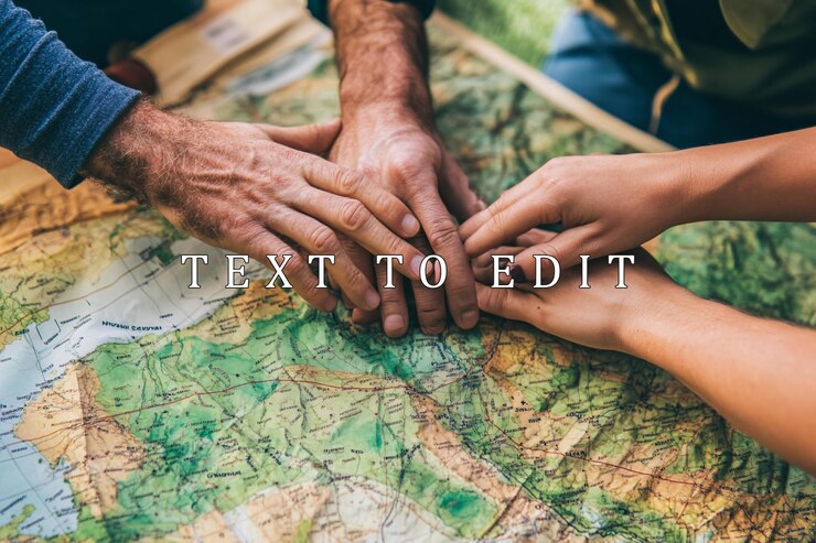 PSD teamwork hands stacked on a map planning adventure