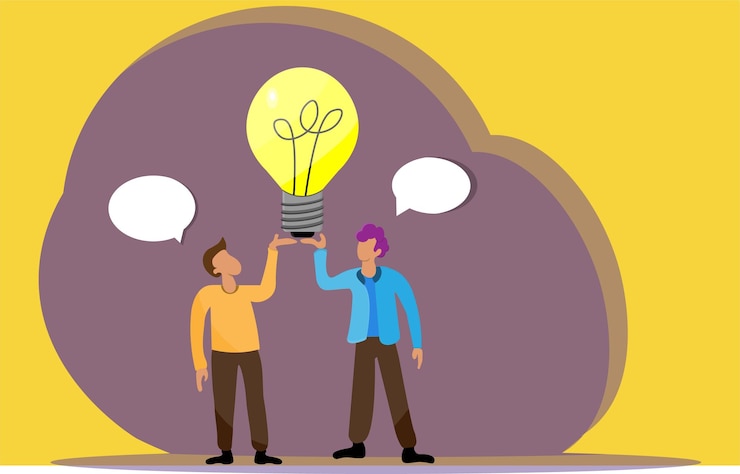 PSD teamwork and idea generation two people holding up a lightbulb
