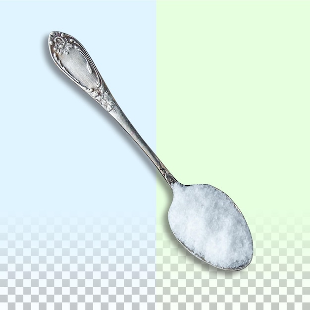 PSD teaspoon of stainless steel with white sugar isolated on transparency