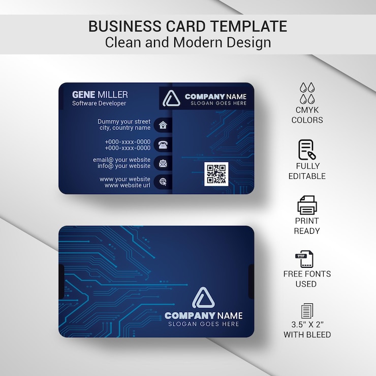 PSD tech business card blue elegant design