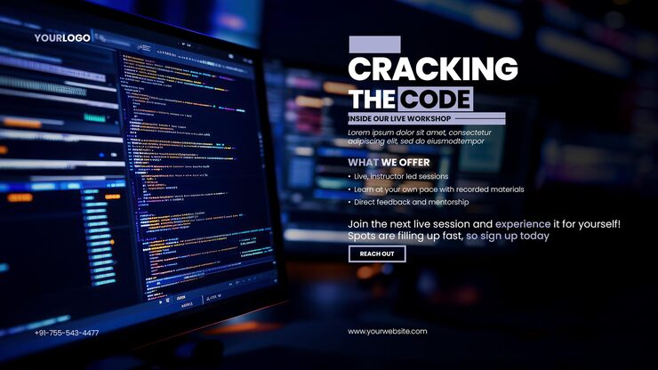 PSD tech skills web development banner template with closeup of a digital computer screen displaying lines of programming code
