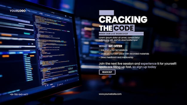 Tech skills web development banner template with closeup of a digital computer screen displaying lines of programming code