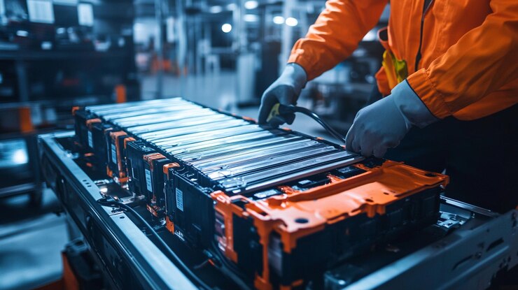 PSD technician inspecting electric vehicle battery pack in factory