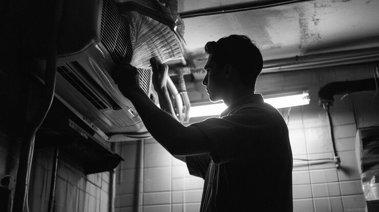 PSD a technician inspects an air conditioning unit in a dark room