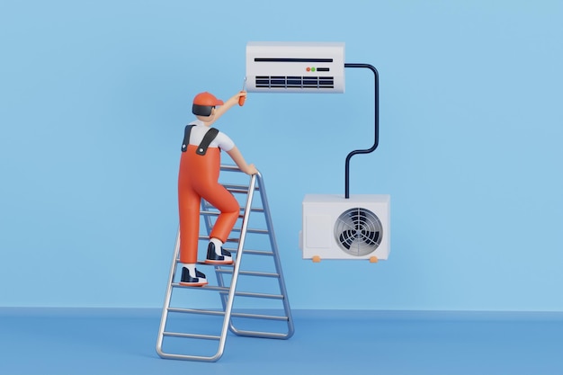 PSD technician repair air conditioner 3d illustration