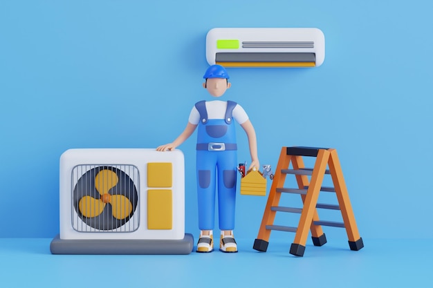 Technician repairing air conditioner 3d illustration