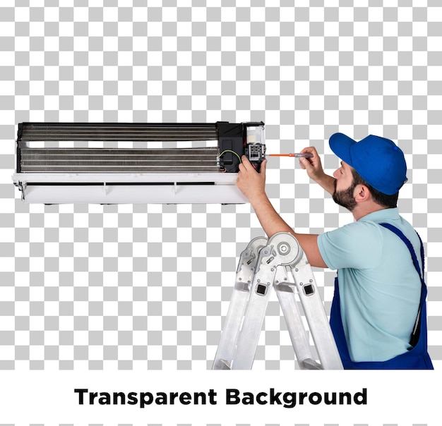 Technicus die een binnenruimte van een airconditioner repareert