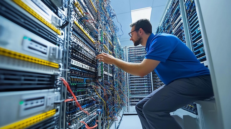 PSD technik informatyczny pracujący na stojaku serwerowym w centrum danych