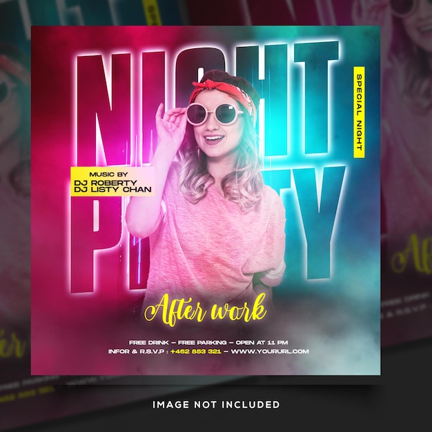 Techno dj music party template, square flyer for instagram