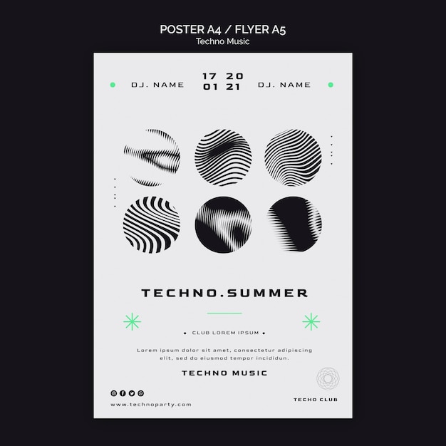 Techno music festival black and white poster template