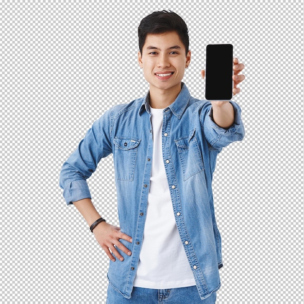 Technologie online lifestyle concept Je zou het moeten downloaden Portret van zelfverzekerd jonge tevreden Aziatische man aanbevelen app