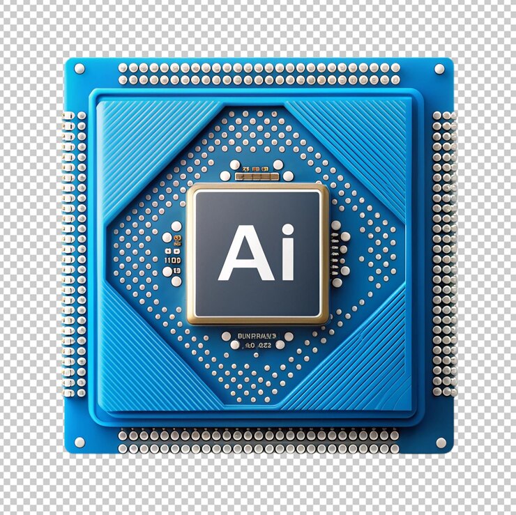 PSD technology blue cpu computer microchips with ai on transparent background