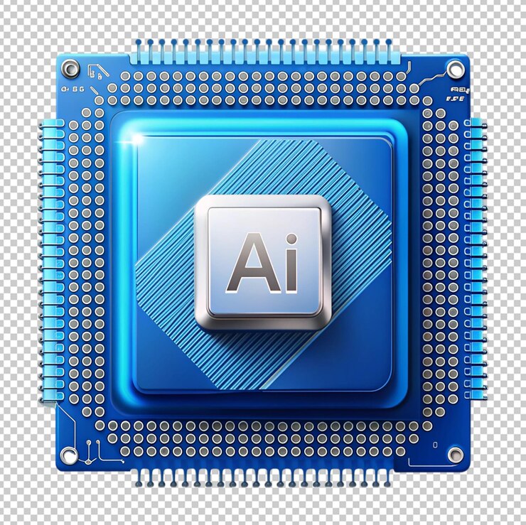 PSD technology blue cpu computer microchips with ai on transparent background