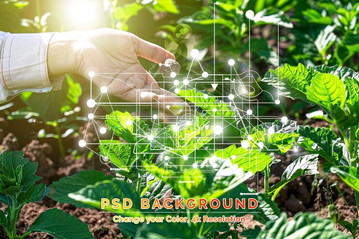 PSD technology hand holding with environment icons over the network connection on green background