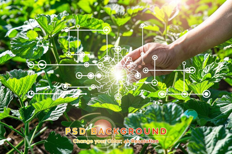 PSD technology hand holding with environment icons over the network connection on green background