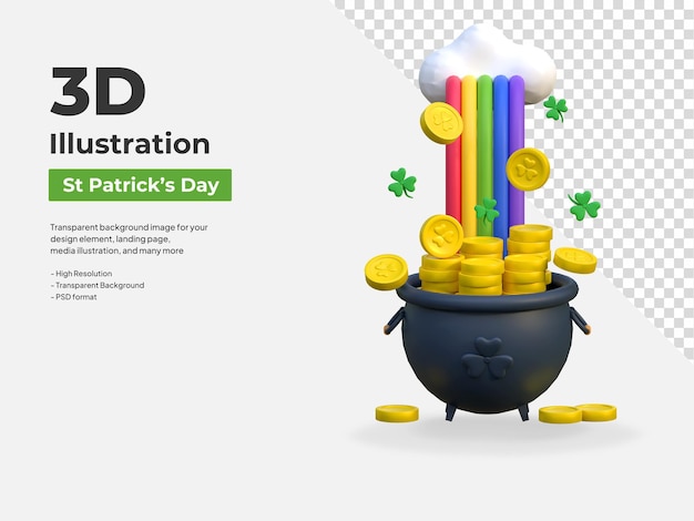 Tęczowy kocioł pełna moneta ikona 3d Saint Patrick39s Day wakacje ilustracja