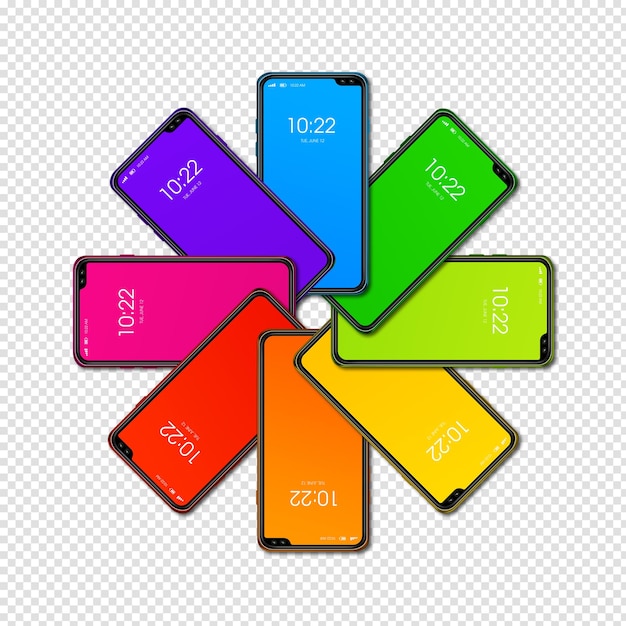 Tęczowy kolorowy smartfon ustawiony w kształcie koła na przezroczystym renderowaniu 3D