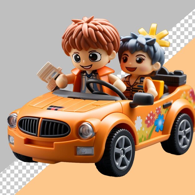 Teddy bear ride on a orange sport car