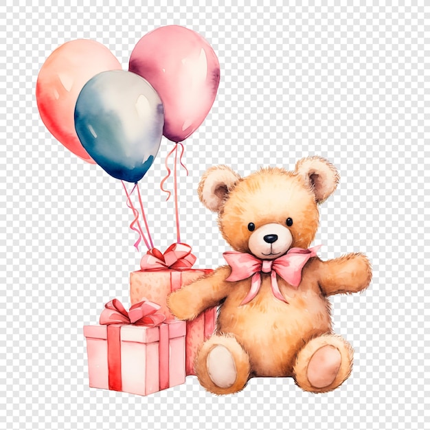 PSD orso di peluche con palloncini e regali acquerello clipart isolato su sfondo trasparente.