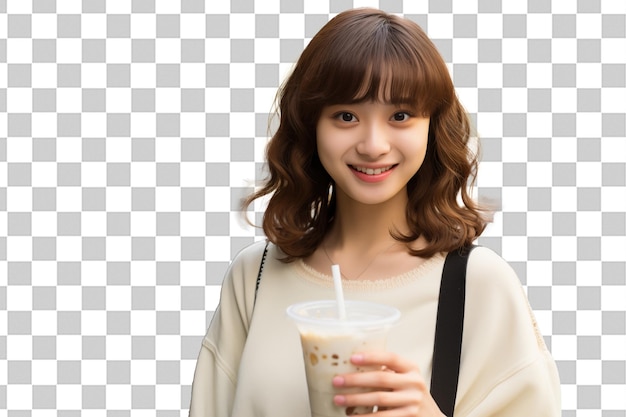 PSD teen pretty japanese girl having breakfast milk on isolated chroma key background