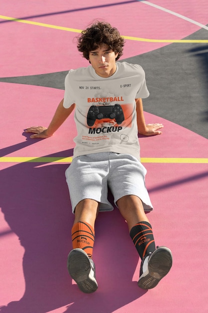 Teenage boy outside on the basketball court