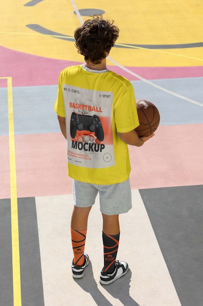 PSD teenage boy with basketball outside on the court